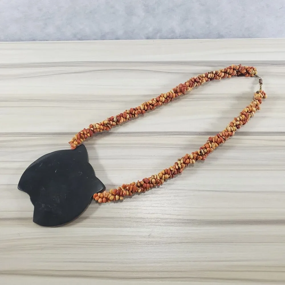 Vintage Lee Sands Inlaid Lion Pendant Statement Necklace Coral Orange 9" 22" - Picture 7 of 12